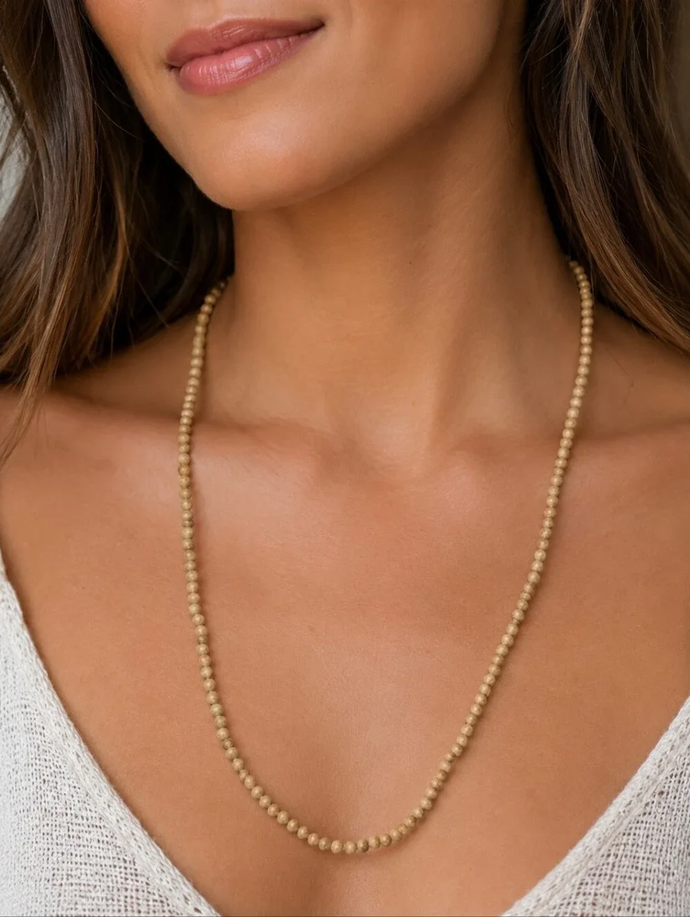 Tan Polished Stone Mini Beads 34 Inch Strand Necklace Natural Boho Jewelry